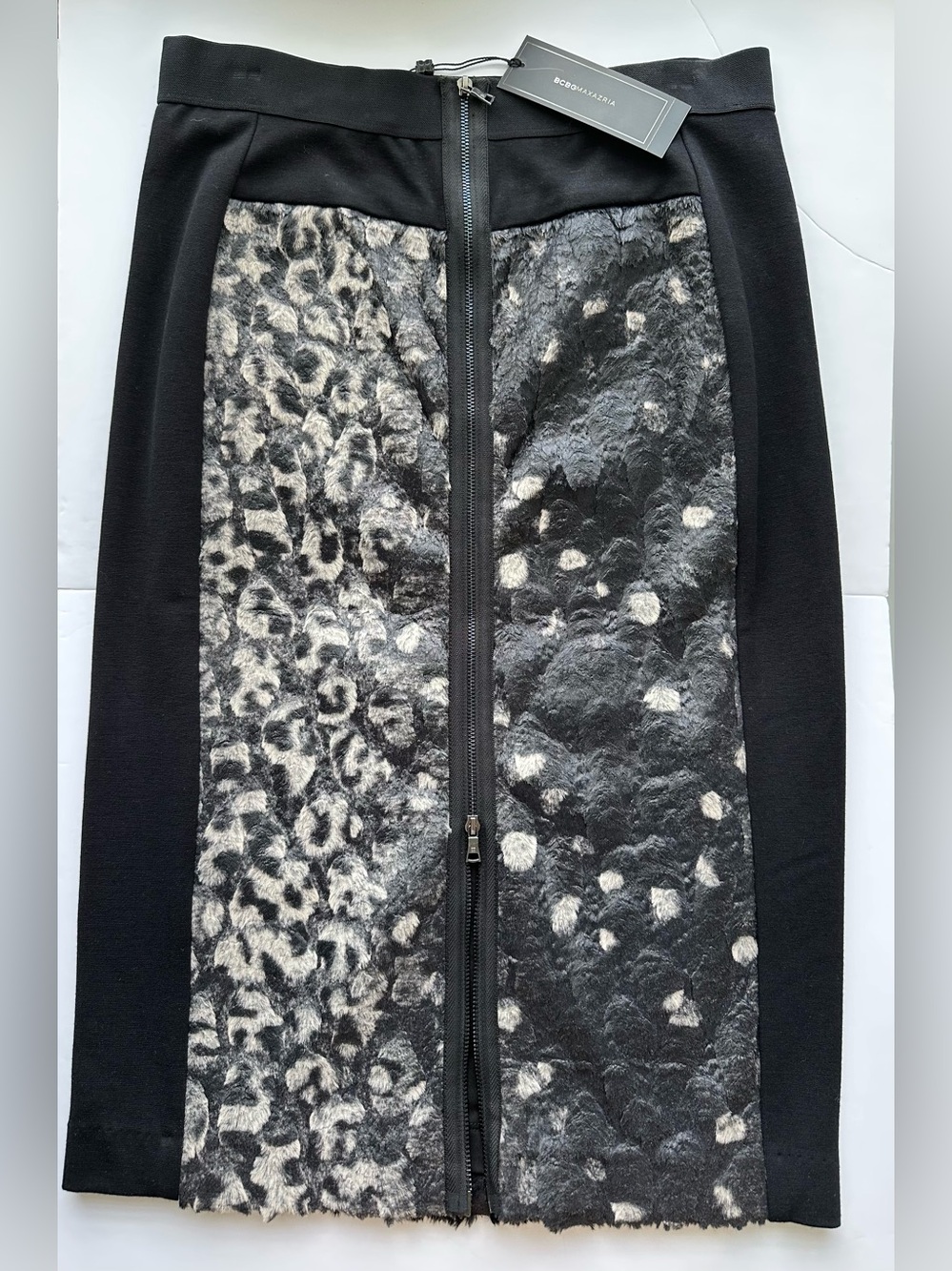 BCBGMaxAzria Black and Gray Faux-Fur Panel Pencil Midi Skirt, brand new